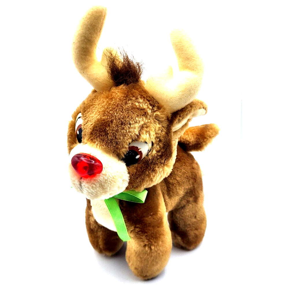 Vintage Applause Rudolph the Red Nosed Reindeer Plush Green Bow 10"